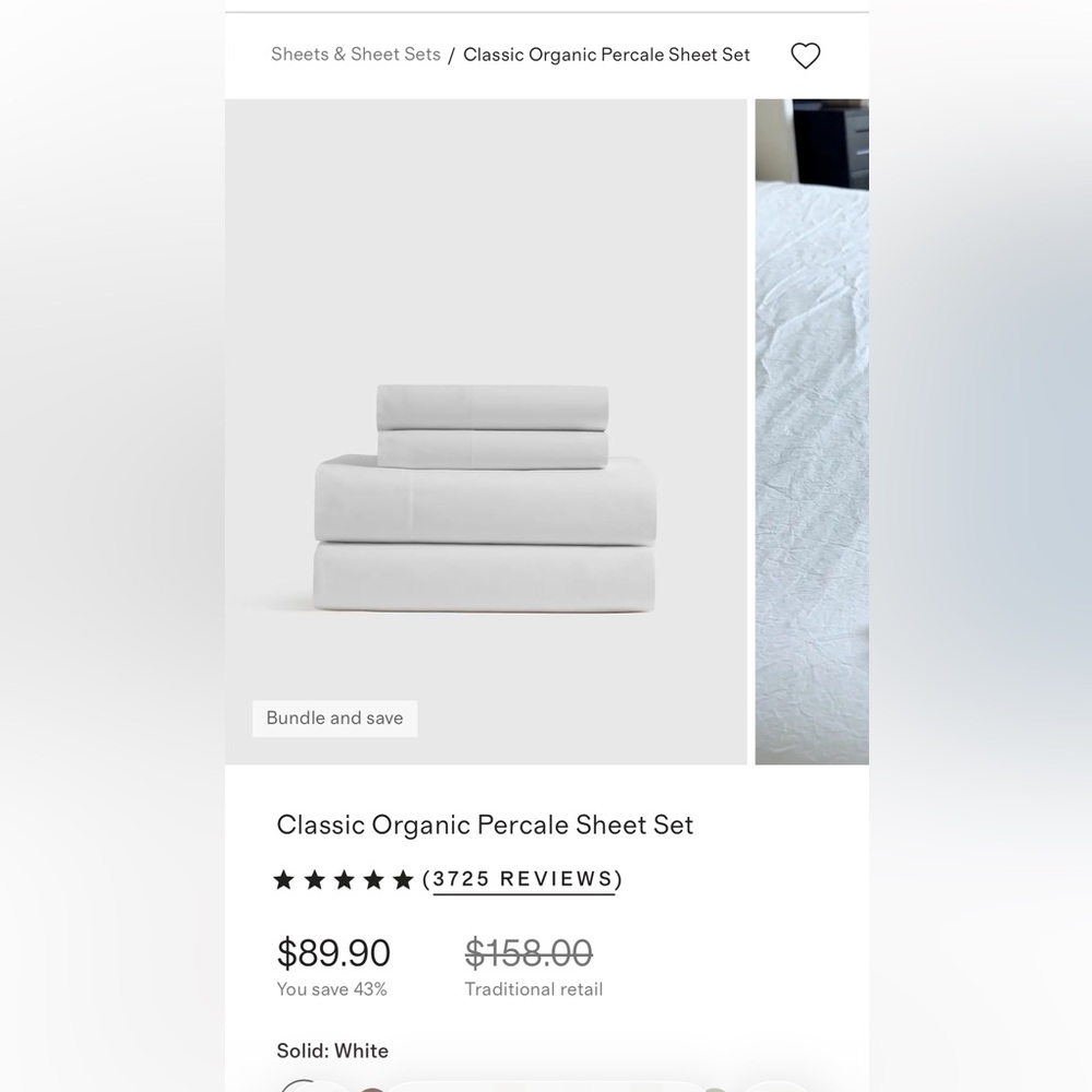 Quince classic organic percale sheet set- 2 pillow cases, fitted, and flat sheet